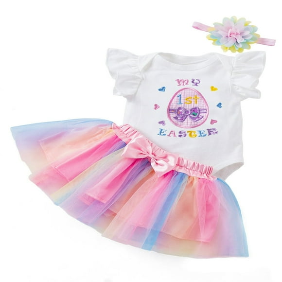 My 1st Easter Infant Baby Girl Sleeveless Romper Bunny Bodysuit Lace Tutu Skirt Headband 3Pcs Summer Outfits White Egg 6-9 Months