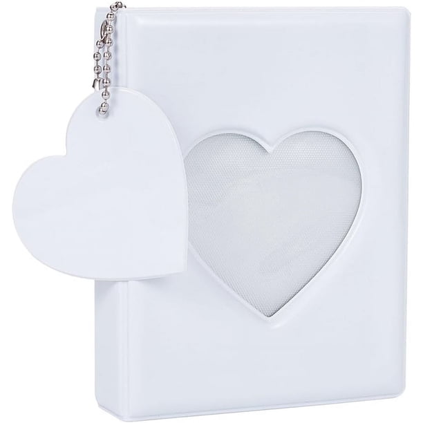 Álbum de fotos mini de 3 pulgadas, soporte para tarjetas fotográficas, carpeta blanca para coleccionar, con forma de corazón hueco, con 32 bolsillos y llavero con colgante de corazón.