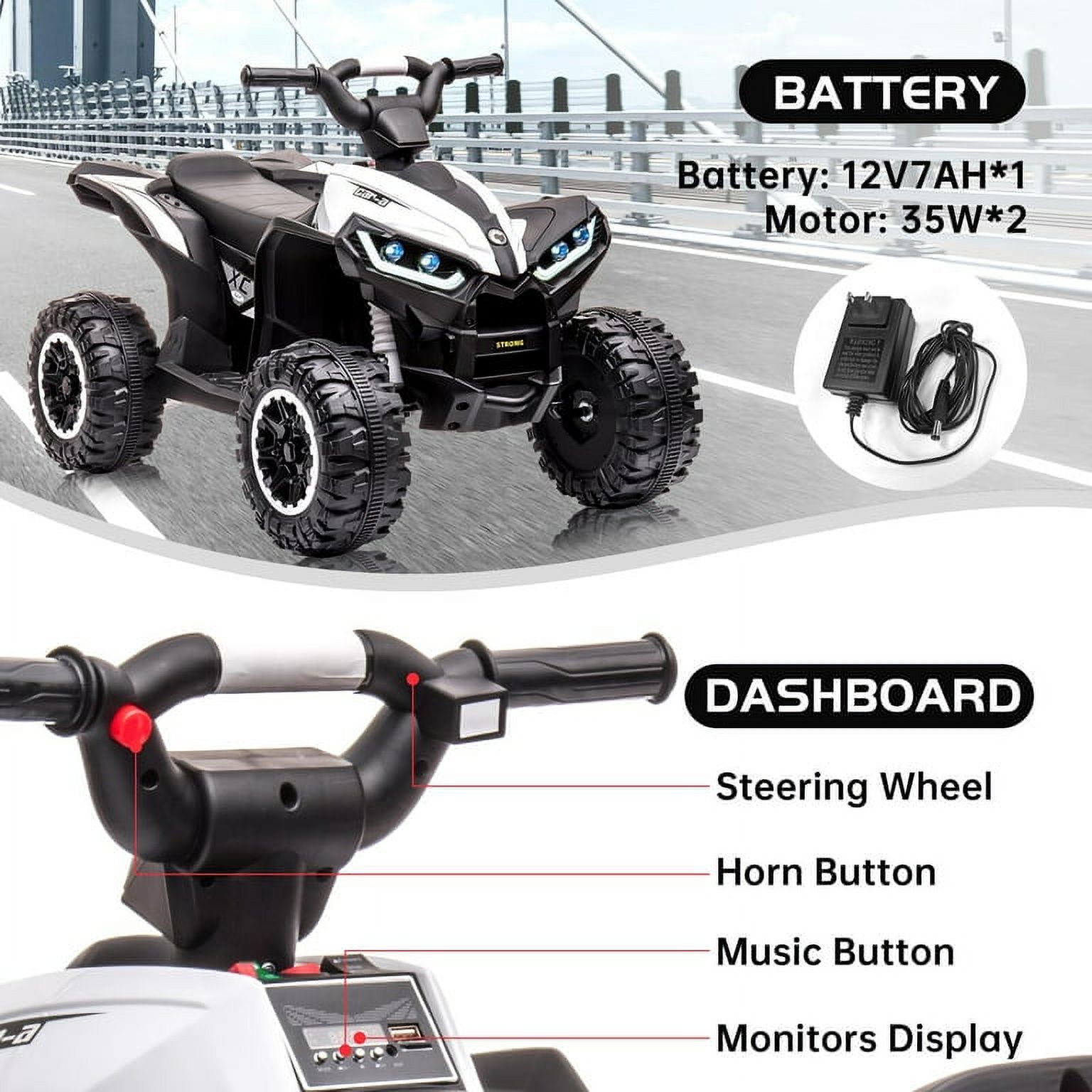 Kids Ride on Car, 12V Battery Powered Electric Vehicle with Remote Control, LED Lights, High & Low Speed, Music, Horn, USB, 4 Wheeler Quad Vehicle for Boys Girls Gifts, White