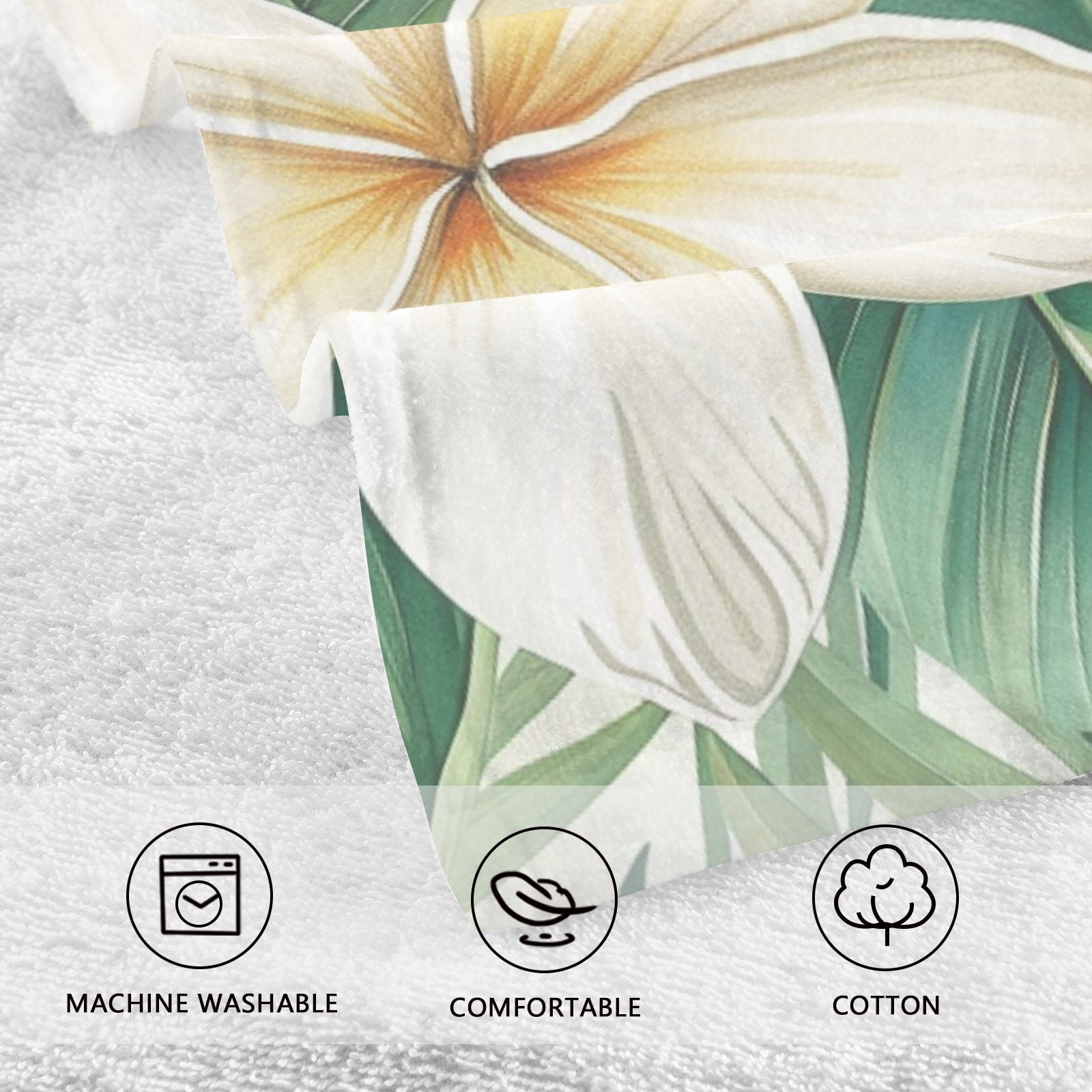 White Flower Green Leaves Hand Towels Cotton Bath Towels Large Face Towels Absorbent for Bathroom 2 Packs