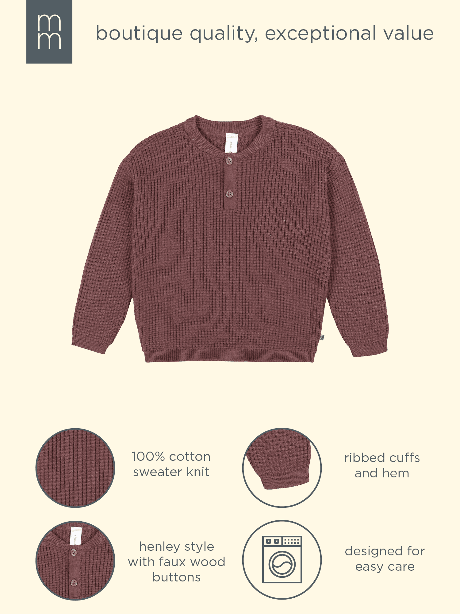 Modern Moments by Gerber Toddler Boy Waffle Henley Sweater Knit, 12 Months - 5T