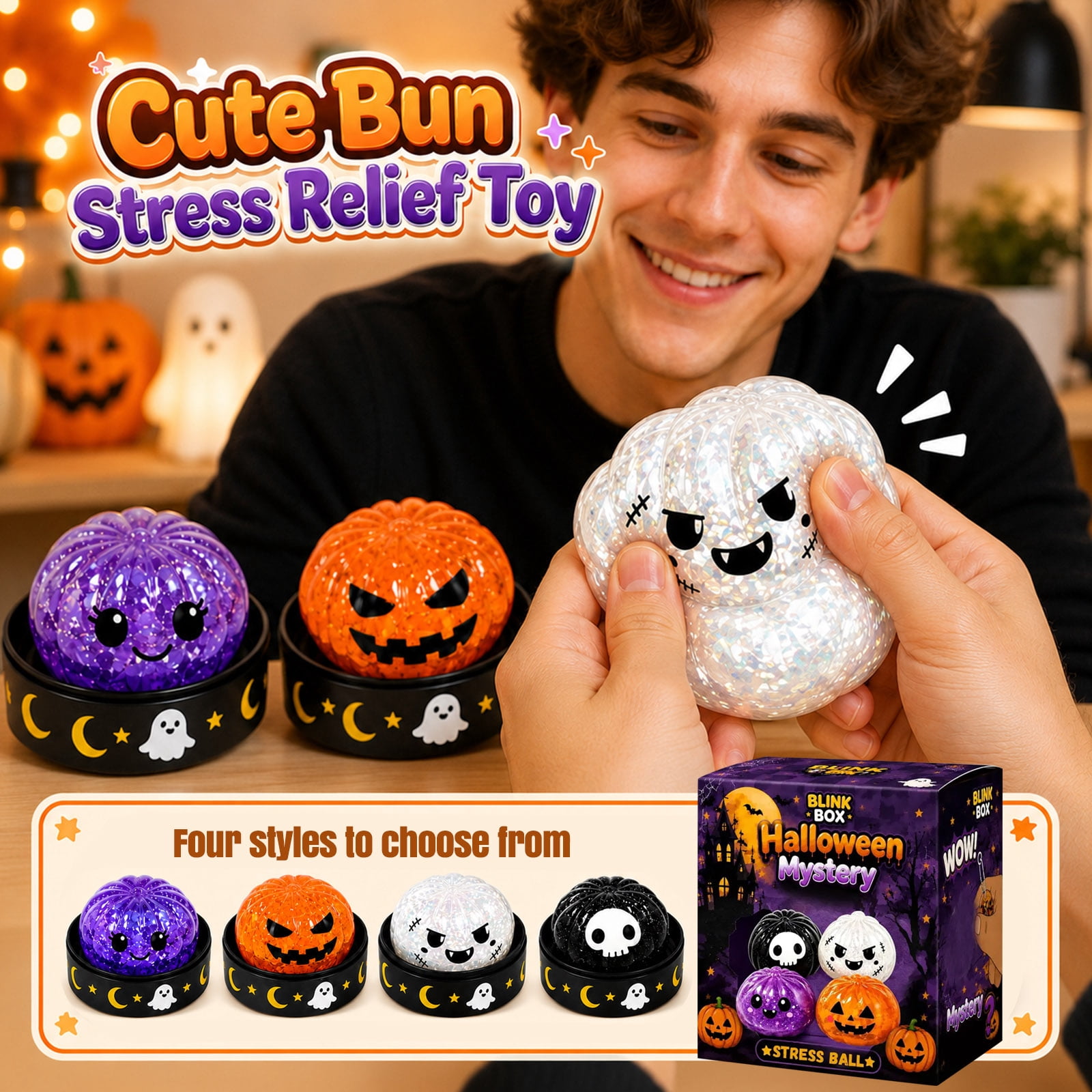 Halloween Mystery Blink Box Stress Ball Toy, Glitter Filled Dumpling Squishy Toys Spooky Eyeball Ghost Design, Anti Anxiety Fidget Toy Holiday Stocking Stuffers A4-1PC