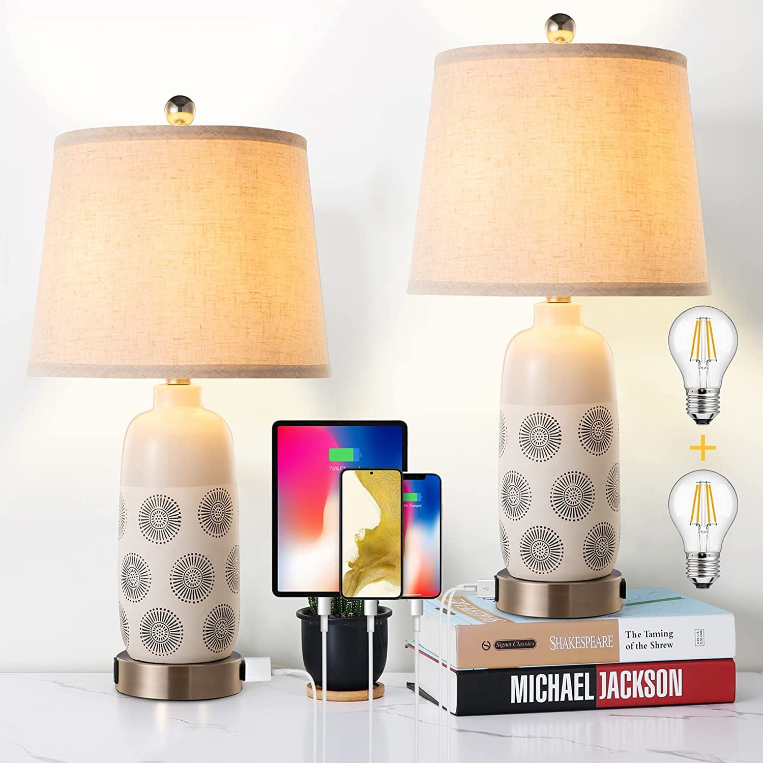 Ceramic Bedside Table Lamp Set of 2, 3Way Dimmable 24" Nightstand