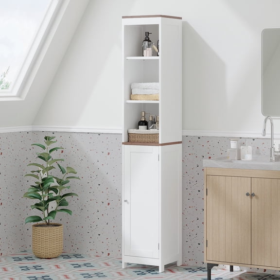 Tall Bathroom Storage Cabinet,Narrow Bathroom Storage,Freestanding Linen Tower with Open Shelves,Floor Cabinet Organizer for Bathroom,Small Spaces,White