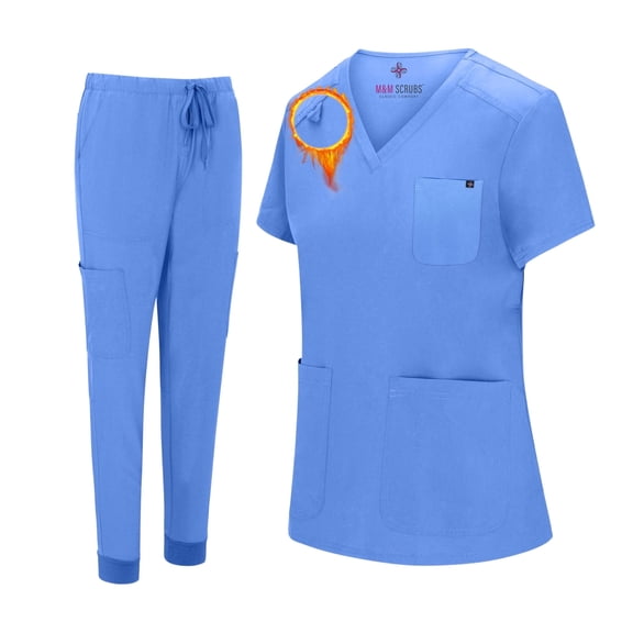 M&M SCRUBS Women's Essential Jogger Scrub Set Nursing Uniform 10 Pockets Stretch Scrub Top and Pant (Ceil Blue, X-Large)