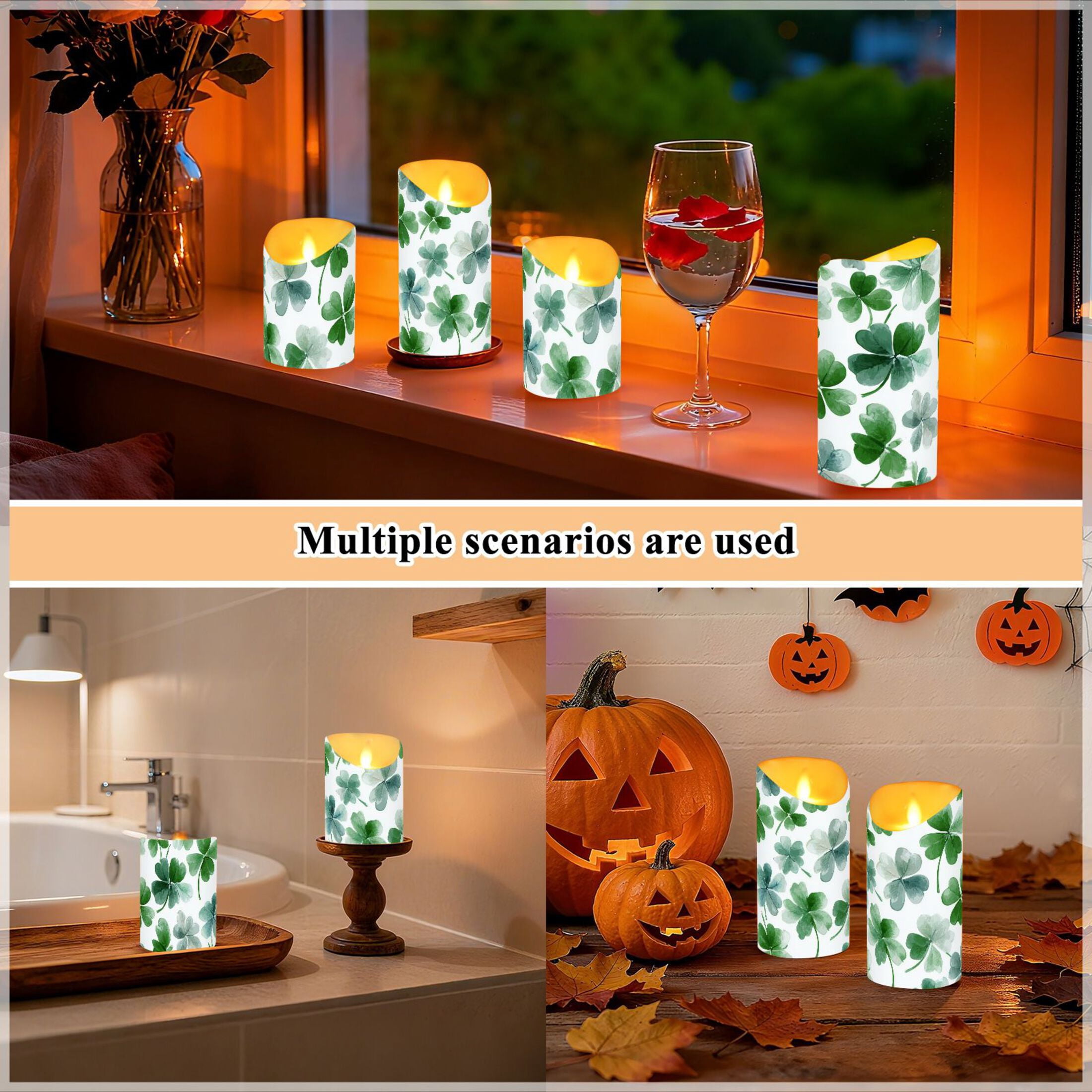 Watercolor Clover St Patricks Day Flickering Flameless Candles with Remote Timer Battery Operated LED Tealight Set of 2 M