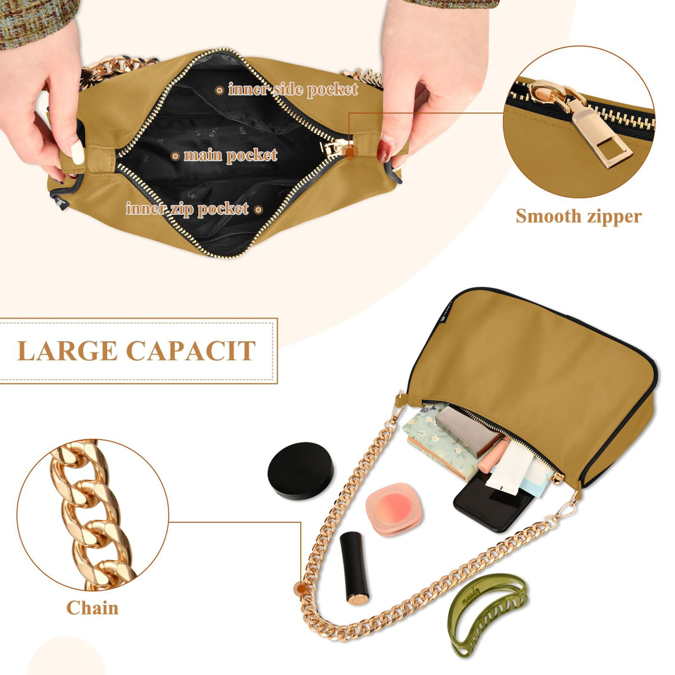 Ryvnso Dark Yellow Womens Chain Shoulder Bag Tote Handbags Clutch Hobo Purse with Zipper for Travel
