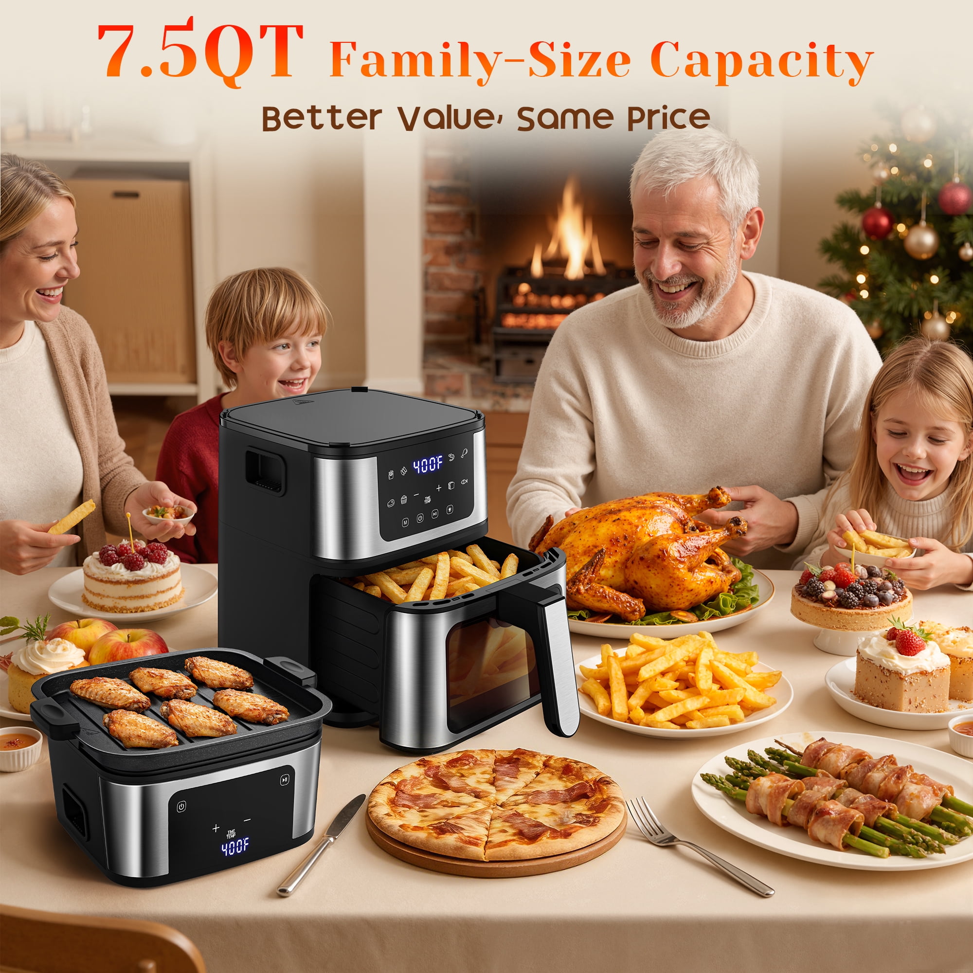 7.5QT Family-Size Air Fryer Oven – 8-in-1 Digital LED Touchscreen, 360° Rapid Air Circulatio, Detachable Grill Plate, Large Viewing Window, Nonstick Basket + 100 Liners, Up to 7 Servings
