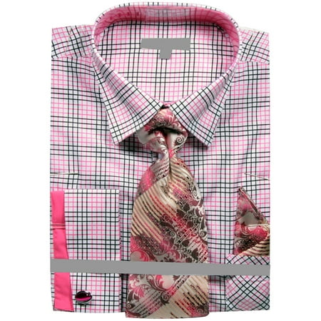 Men's Grid Checker Pattern French Cuff Shirt Tie Handkerchief Cuff