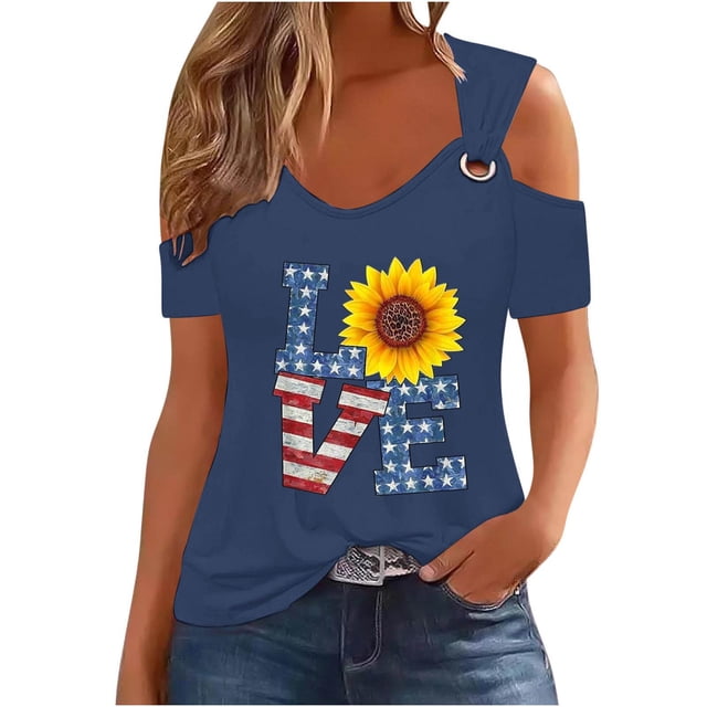 Tops de Hombro Frío para las Mujeres Día de la Independencia Impreso Fuera Del Hombro Blusa con Cuello en V, Fuera Del Hombro de las Mujeres