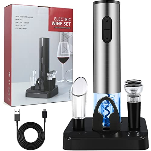 VIDYSUFYR Electric Wine Bottle Opener Set- Silver, Automatic Wine Bottle Opener with Led Light, Rechargeable Corkscrew Kit with Aerator,Foil Cutter,Stoppers