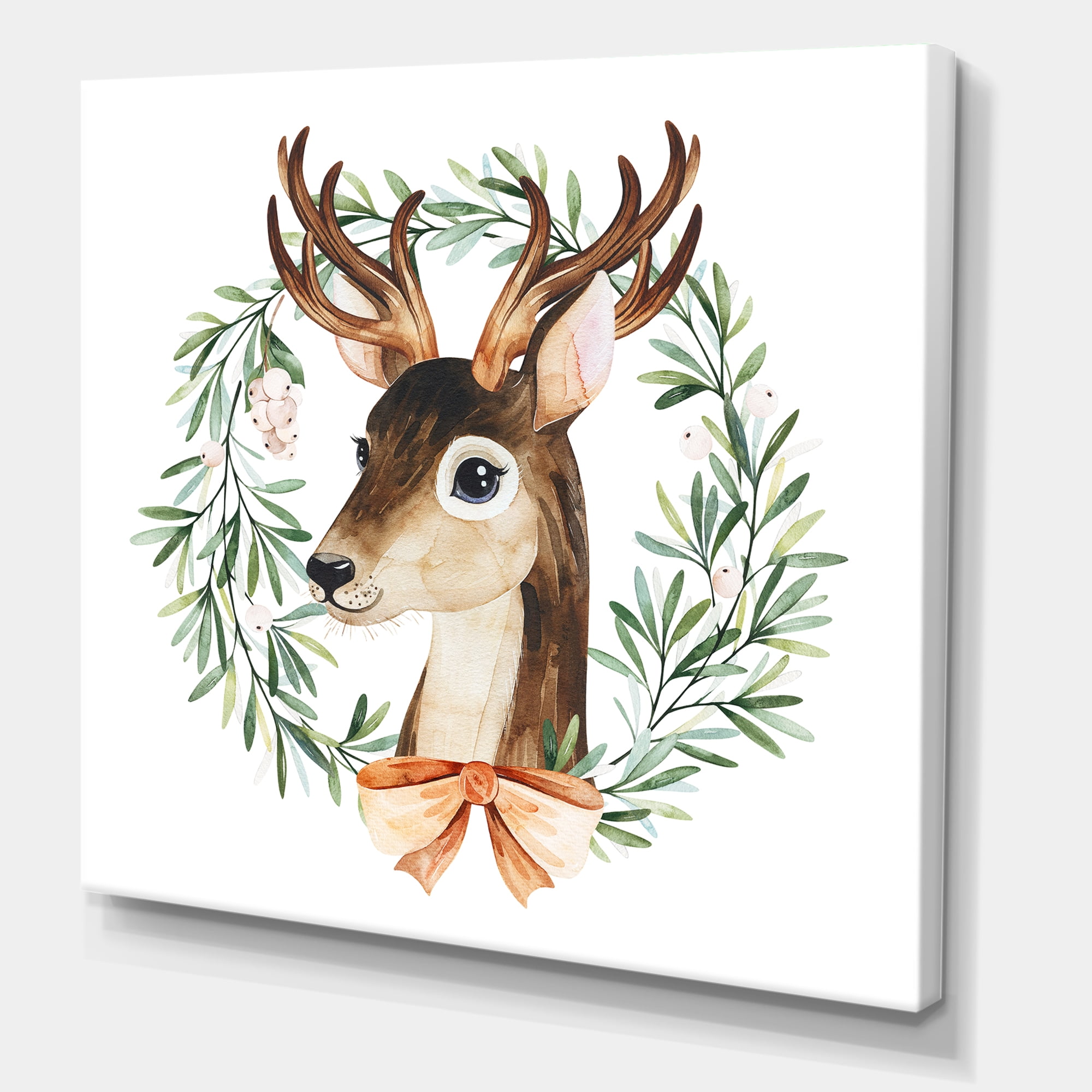 Designart ' Floral Wreath Isolated On White Over Deer ' Farmhouse Canvas Wall Art Print
