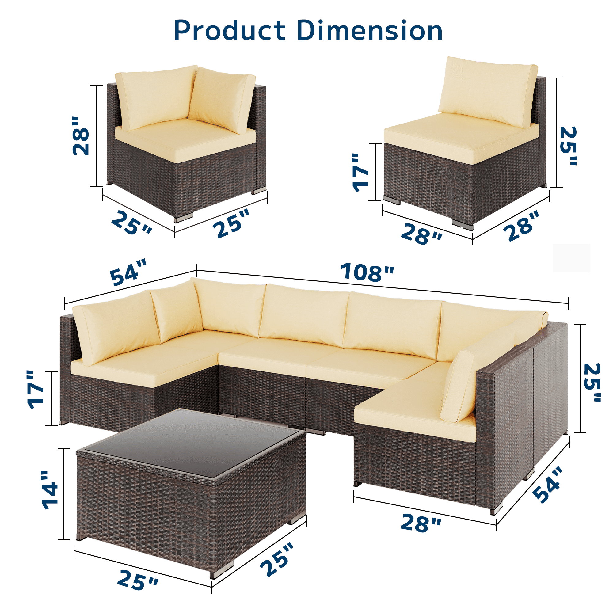 Asofer 7-Piece Outdoor Patio Furniture, Conversation Sectional Set with Cushion , Glass table,for Porch, Poolside, Beige