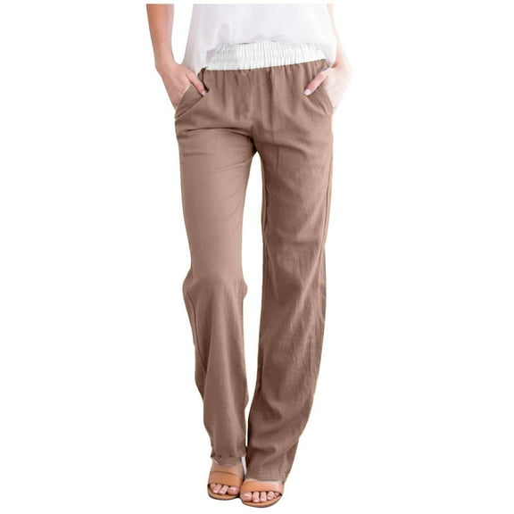 LLYwey Pants For Women Women's Casual Elastic Tie Waist Loose Long Pants Solid with Pocket Full Length Pants Lightweight Cargo Pants Female Long Pant Style H839 Brown L
