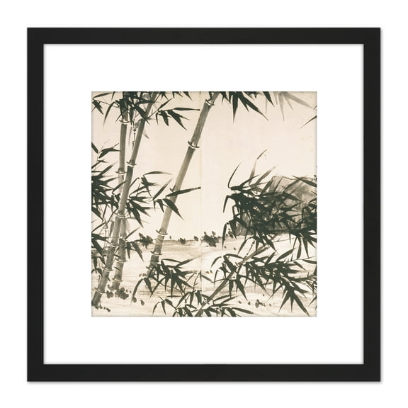 Xia Chang Chinese Bamboo Spring Rain Screen Painting 8X8 Inch Square Wooden Framed Wall Art Print Picture with Mount