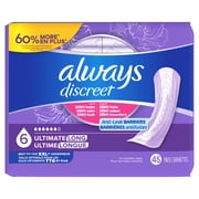 Always Discreet Adult Incontinence Pads for Women, Ultimate Absorbency, Long Length, Postpartum Pads, 45 Count