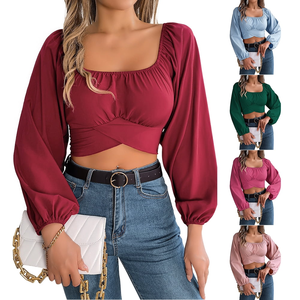 Pretty Comy Women U Neck Solid Color Tops Casual Lantern