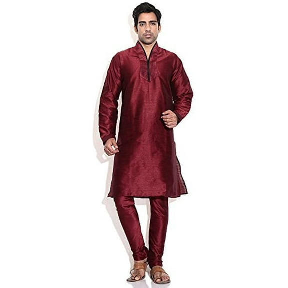 Royal Kurta Men's Silk Blend Hineck Kurta Churidaar SetRed