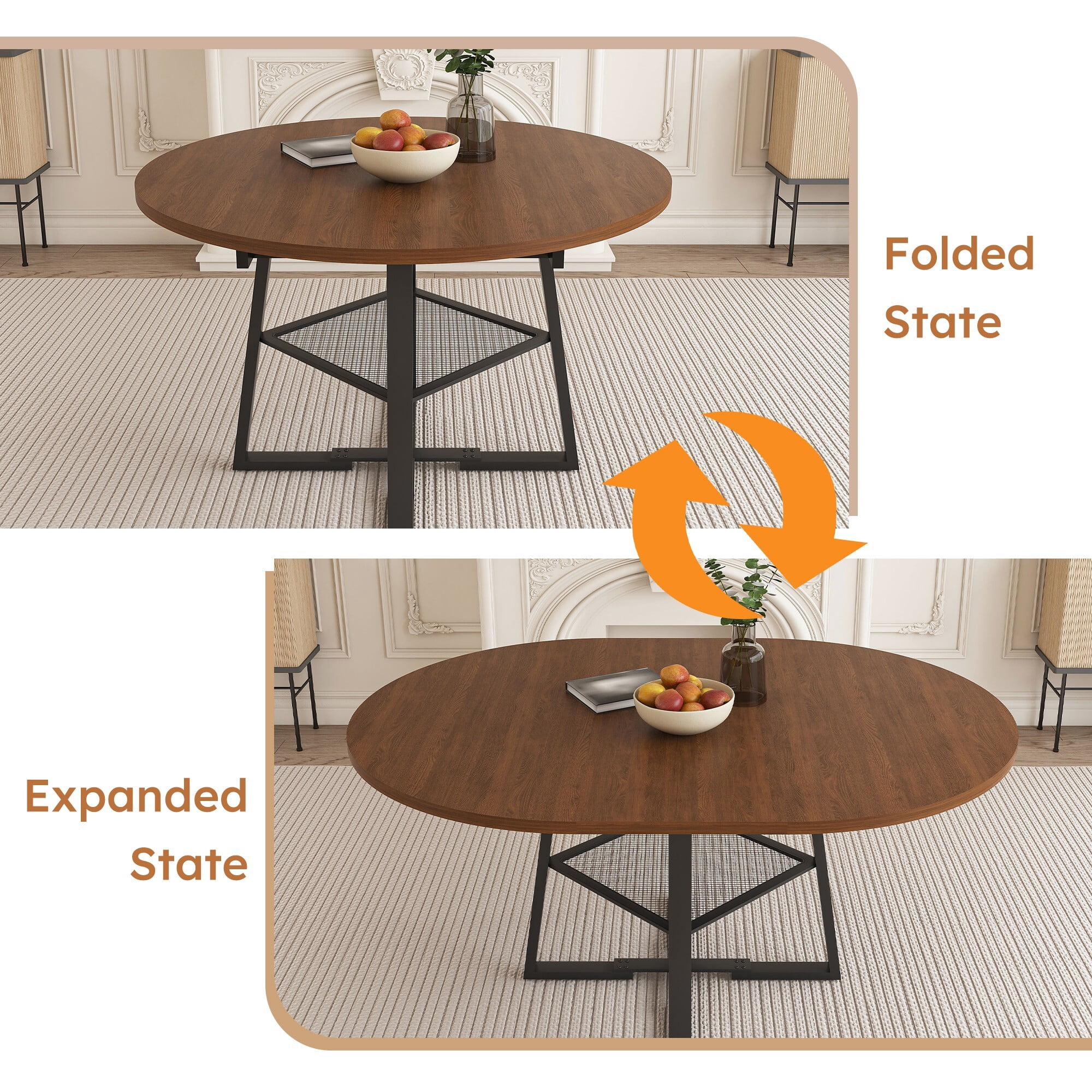 AENKYO 47-59" Extendable Round Dining Table for 4-8 People, Kitchen Table with Metal Storage Shelf, Walnut
