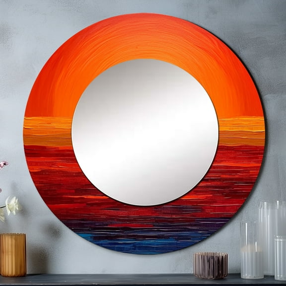 Designart "Sunset in Orange and Yellow Gold III" Landscapes Rund Mirror For Wall Decor - Large Orange Round Printed Mirror - Traditional Round Mirror 23" x 23" Inch