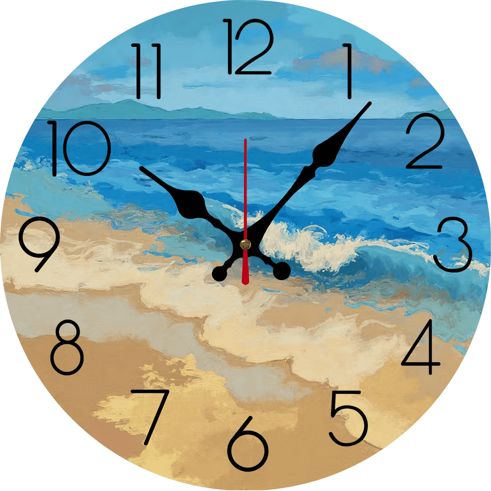Eveokoki Round Wall Clocks, Silent Non-Ticking Battery Operated Clock 12 Inch, Decor for Bathroom, Bedroom, Kitchen, Office or School Beach Scene Ocean Waves
