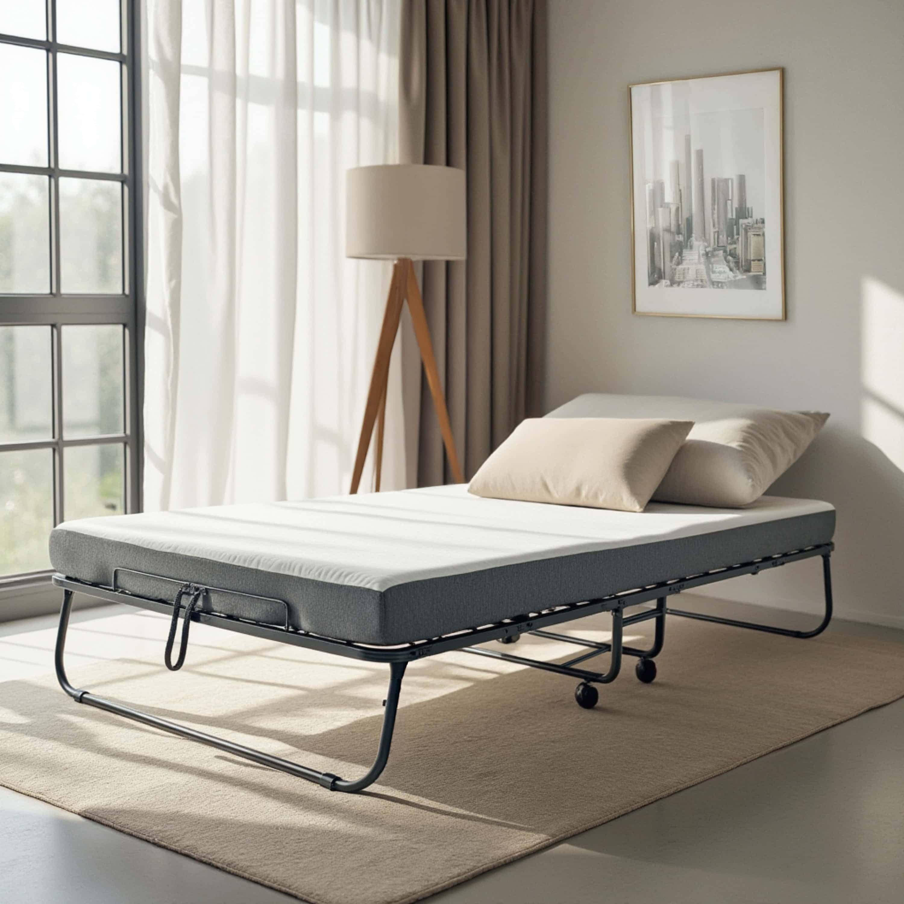 LammaLoe Folding Bed with Mattress, 5" Memory Foam Roll away Bed with Sturdy Steel Frame, Locking Wheels & Storage Cover, Twin Foldable Bed 75" x 38"