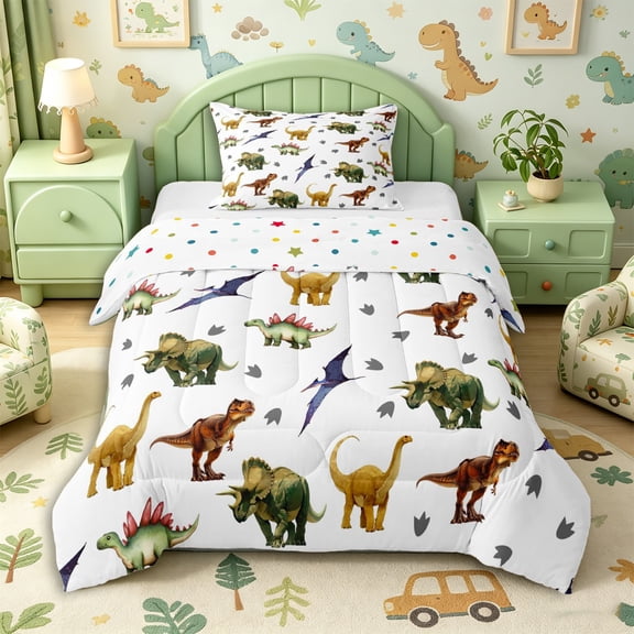 Metsweet Animal Dinosaur Twin Comforter Sets 2pcs, Jungle Wildlife Bedding Set, Green Brown Gray,1 Comforter and 1 Pillowcase