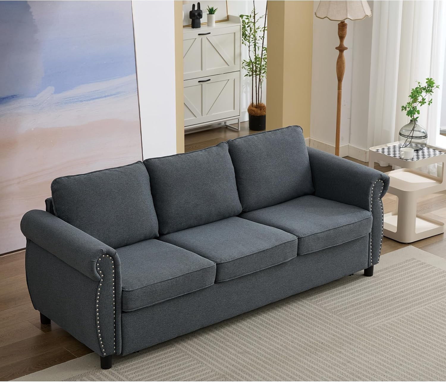 Sleeper Sofa Bed Full Size, Pull Out Couch with Mattress, 81.5'' 3 Seater Upholstery Sectional Couches, Modern Linen Convertible Sofa, Living Room Furniture for Small Spaces, Apartment, Grey