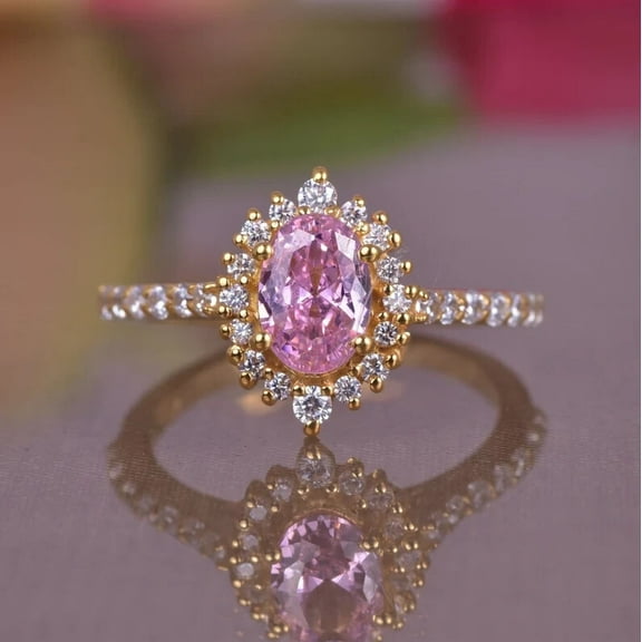 Hitanshu Jewels Oval Cut Pink Cubic Zirconia 14K Yellow Gold Plated Halo Engagement Ring For Her