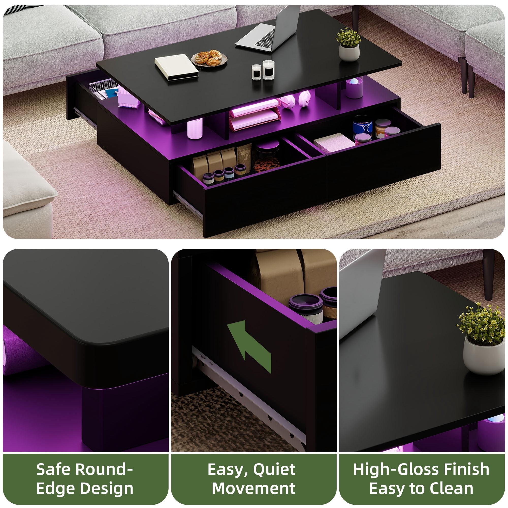 Uforic Modern LED Coffee Table, Center Tables with Storage for Living Room, Black