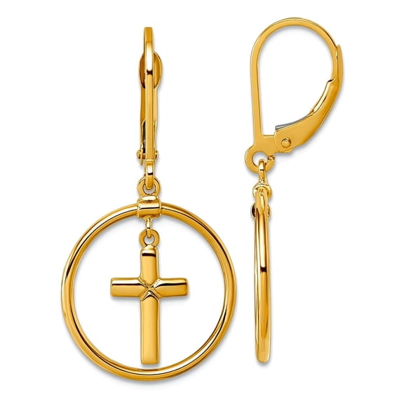 14k Solid Yellow Gold Polished Religious Faith Cross Leverback Long Drop Dangle Earrings 19.35x16.85mm Wide Dangle Earri