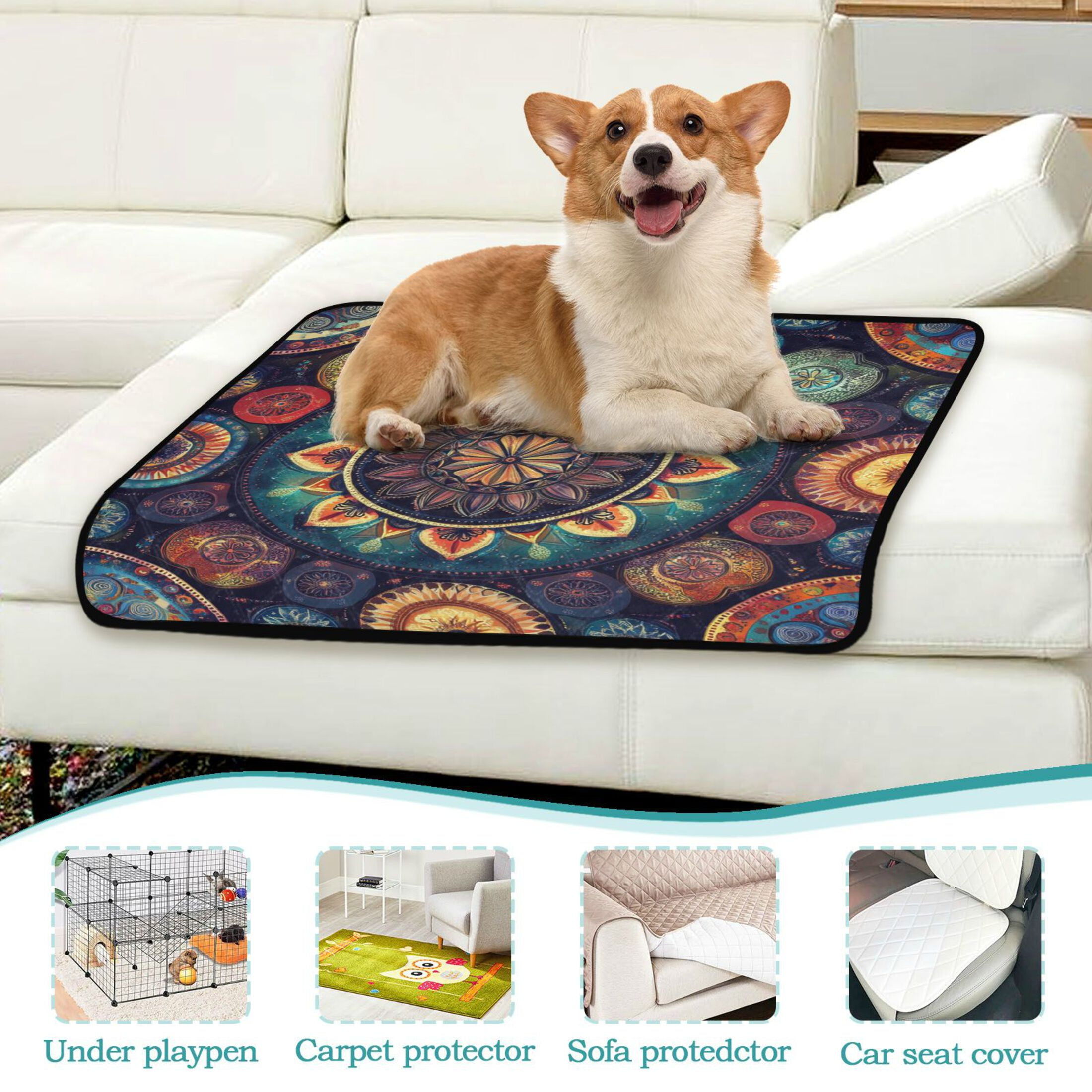 Qxltty Colorful Boho Patterns Cat litter Pads Pet Set of 2 Diaper Mats Center Anti-leakage Layer Absorbent Soft and Comfortable
