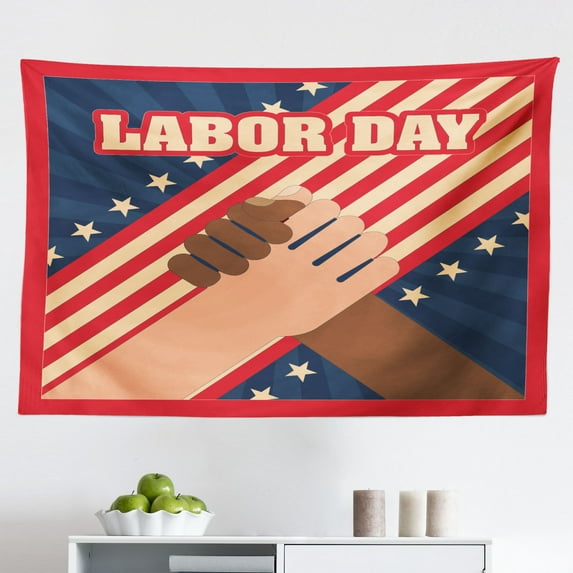 Labour Day Tapestry, Waving Flag with Calligraphy, Fabric Wall Hanging Decor for Bedroom Living Room Dorm, 2 Sizes, White Multicolor, by Ambesonne