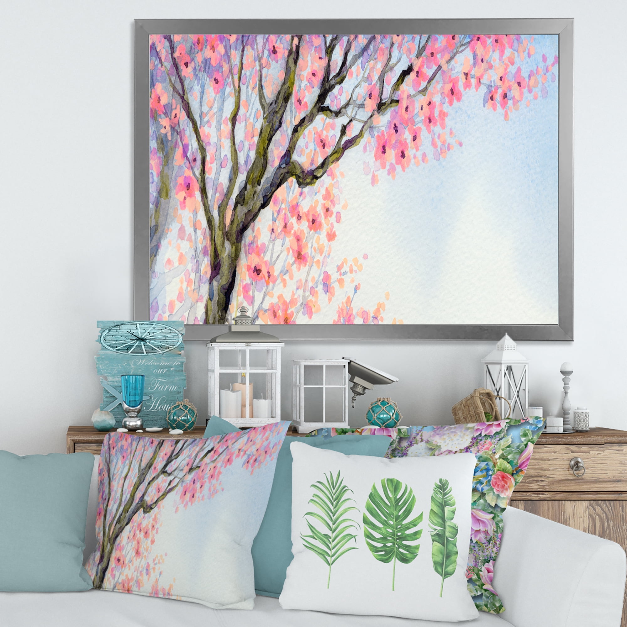 Beautiful Pink Bird Sitting On Flowering Branch 20 in x 12 in Framed Painting Canvas Art Print, by Designart