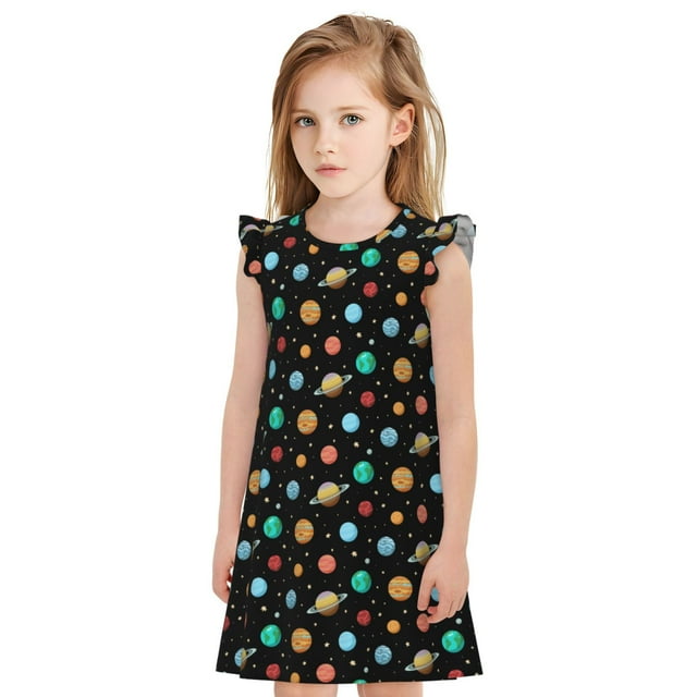 Cauagu Solar System Planets Space Pattern Girls Nightgowns Sleepwear Short Sleeve Pajama Dress Soft Princess Sleepshirt -Small