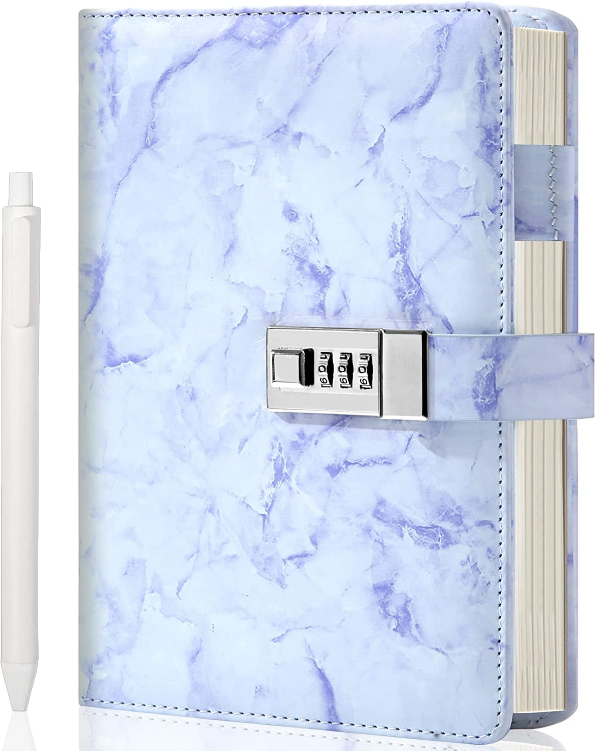Marble Diary with Lock, A5 Purple Notebook with Pen, Password Locked Journal for Teen Gifts