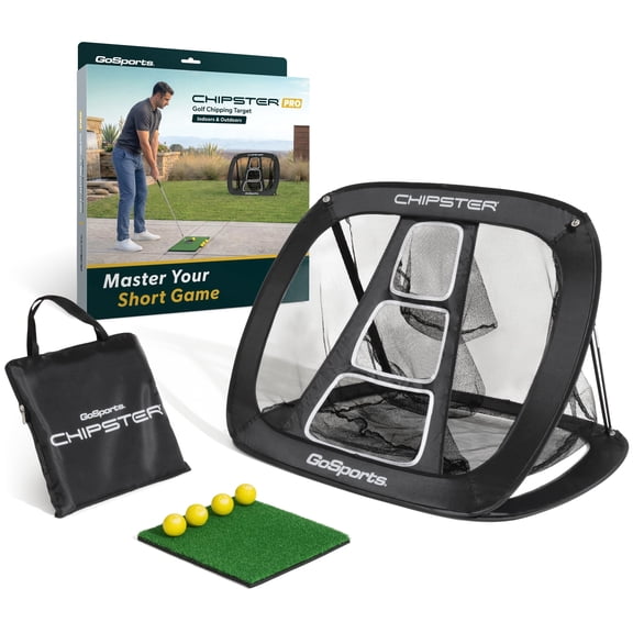 GoSports Chipster PRO Golf Chipping Net - Portable Outdoor & Indoor Golf Practice Target with Hitting Mat and 4 Foam Balls - Best Gifts for Golfers - Black