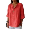 thumbnail image 1 of Qcmgmg Chemises en Lin pour Femmes Manches 3/4 Vacances Tunique Col en V Blouse 2025 Décontractée Bouton Hauts de Plage Rouge P, 1 of 6