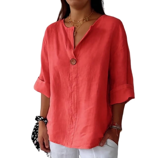 Qcmgmg Chemises en Lin pour Femmes Manches 3/4 Vacances Tunique Col en V Blouse 2025 Décontractée Bouton Hauts de Plage Rouge P
