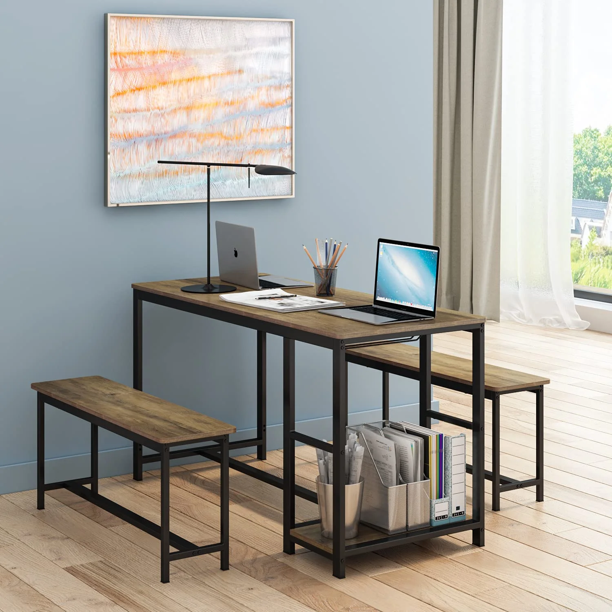 Homfa Dining Set for 4, Industrial Dining Table with Bench, Wood Dining