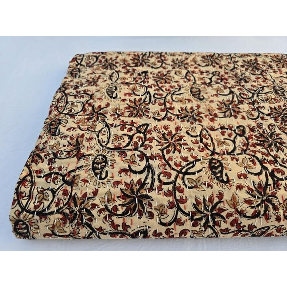 Kantha Quilt Handblock Print Indian Netural Colour floral print Quilt Hand Stitched Natural vegetable dye cotton