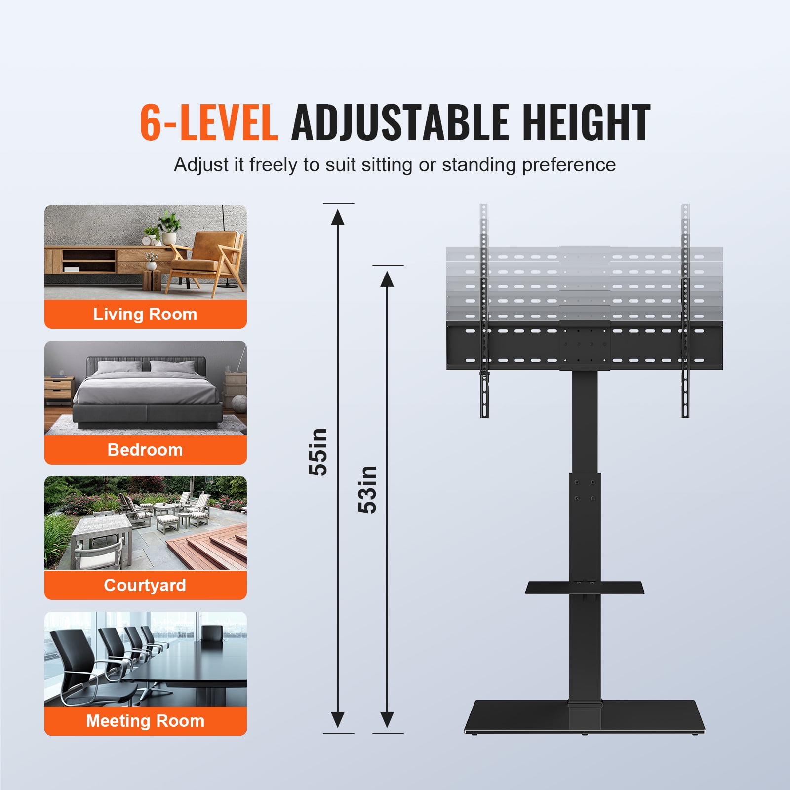 KFFKFF Television Stand Mount, Rotating Elevated TV Stand suitable for 32 to 85 inch Televisions, Alterable Height Mobile Floor TV Stand with Hardened Glass Base for Bedroom, Living Area