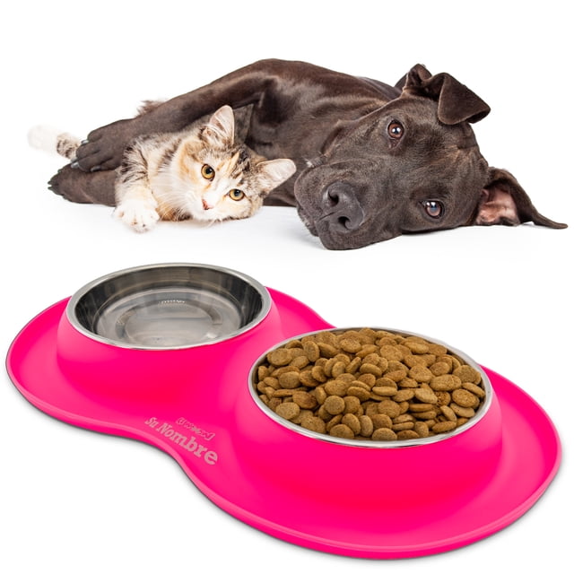 Plato Doble Mediano KE WOOW 400 ml Acero Inoxidable con Tapete de Silicon Color Rosa