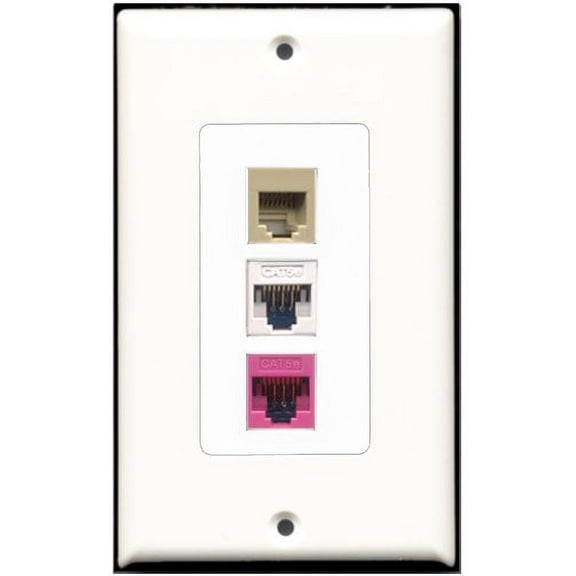 RiteAV - 1 Port Phone RJ11 RJ12 Beige 1 Cat5e Ethernet White 1 Cat5e Ethernet Pink Wall Plate Decorative