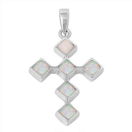 Elegant Connected Cross Pendant White Simulated Opal .925 Sterling Silver Charm Jewelry Female