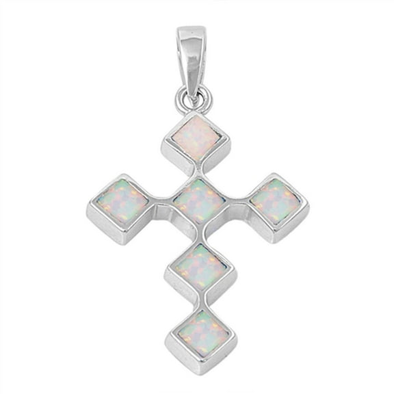 Elegant Connected Cross Pendant White Simulated Opal .925 Sterling Silver Charm Jewelry Female