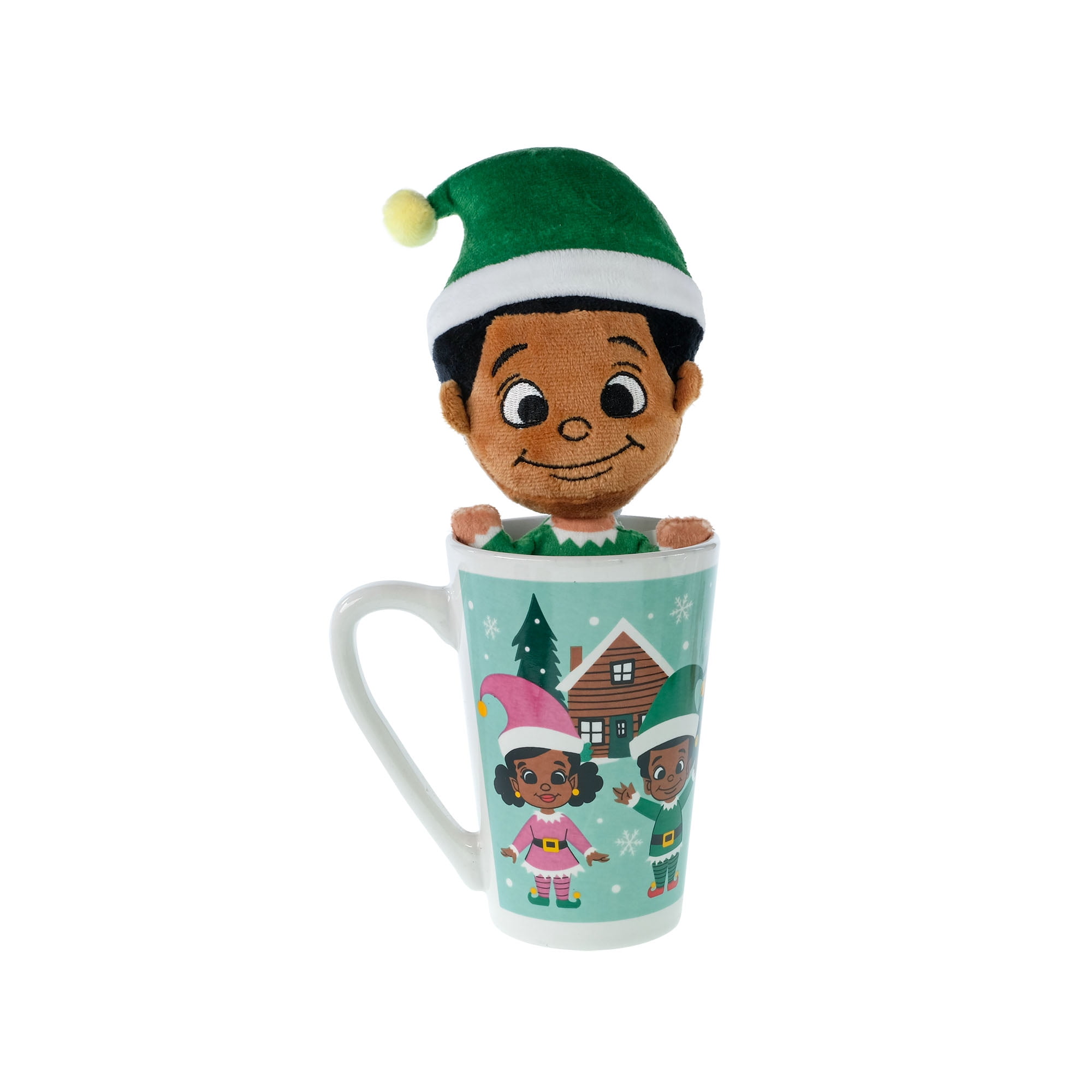 Black Paper Party, Elf 7 inch Plush with a 15 oz Ceramic Latte Mug, Multi Color, Green