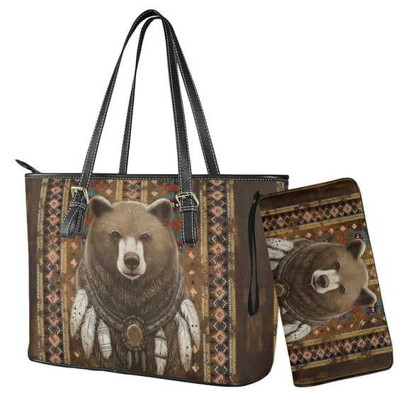 ZUXONGSY Aztec Bear Print Large Capacity Women's Top Handle Tote Bag Set PU Leather Purse with Matching Wallet & Clutch for Shopping Work