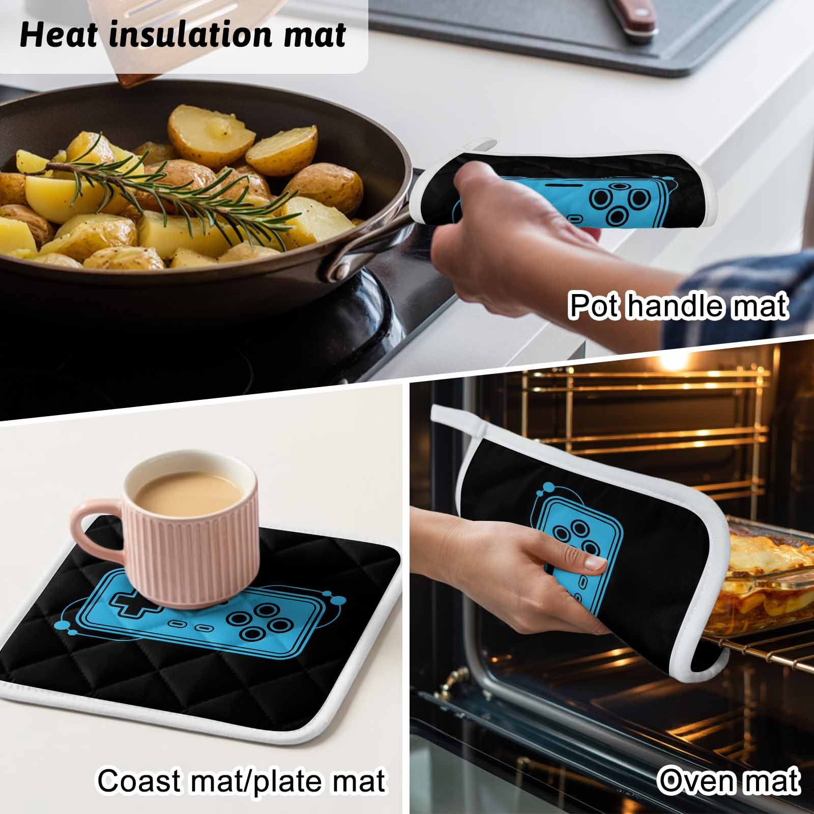 Blue Game Handle Pot Holders for Kitchen Heatproof Potholder, 3 Pack Video Gamer Console Earphones Black Hot Pads Multipurpose Oven Pads Cloth Potholders Trivet for Cooking Baking