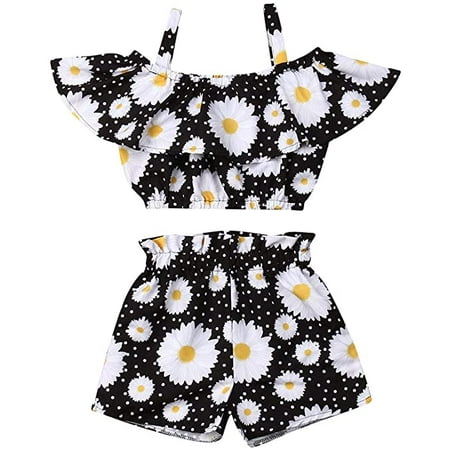 

Toddler Baby Girls Summer Outfits Floral Halter Ruffled Clothes Tops+Shorts 2PCS Set